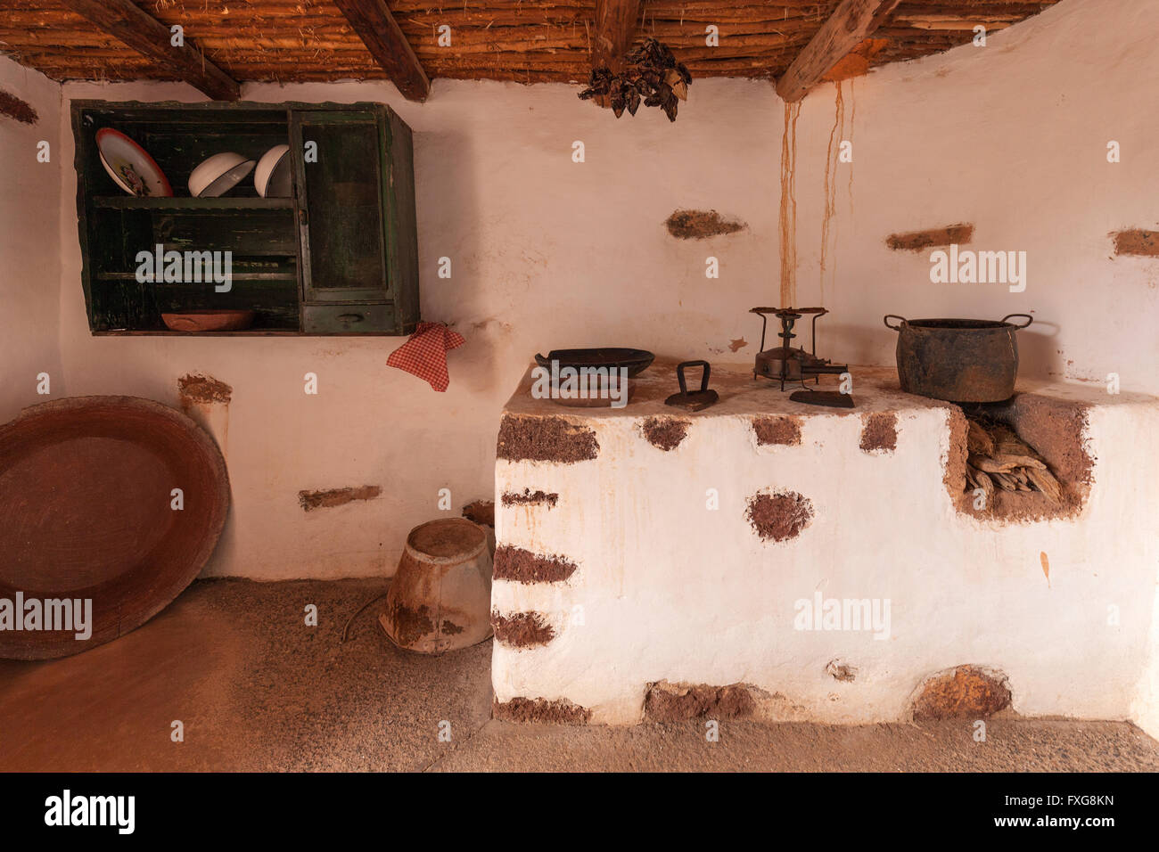 Cuisine, cheminée dans le musée en plein air, Museum Village Ecomuseo de la Alcogida, Tefia, Fuerteventura, Îles Canaries, Espagne Banque D'Images