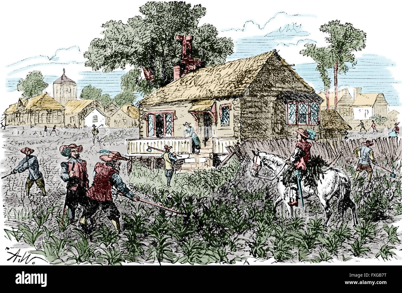 L'Amérique du Nord. Colonies anglaises. Plantation. 17e siècle. La gravure. La couleur. Banque D'Images