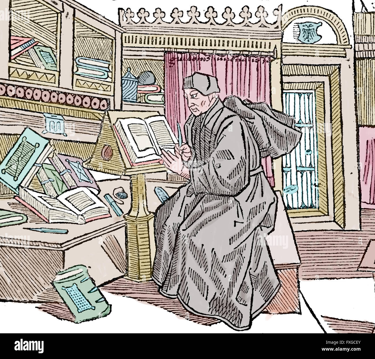 Moyen-Âge. Scriptorium moine au travail. La gravure. De couleur. Banque D'Images