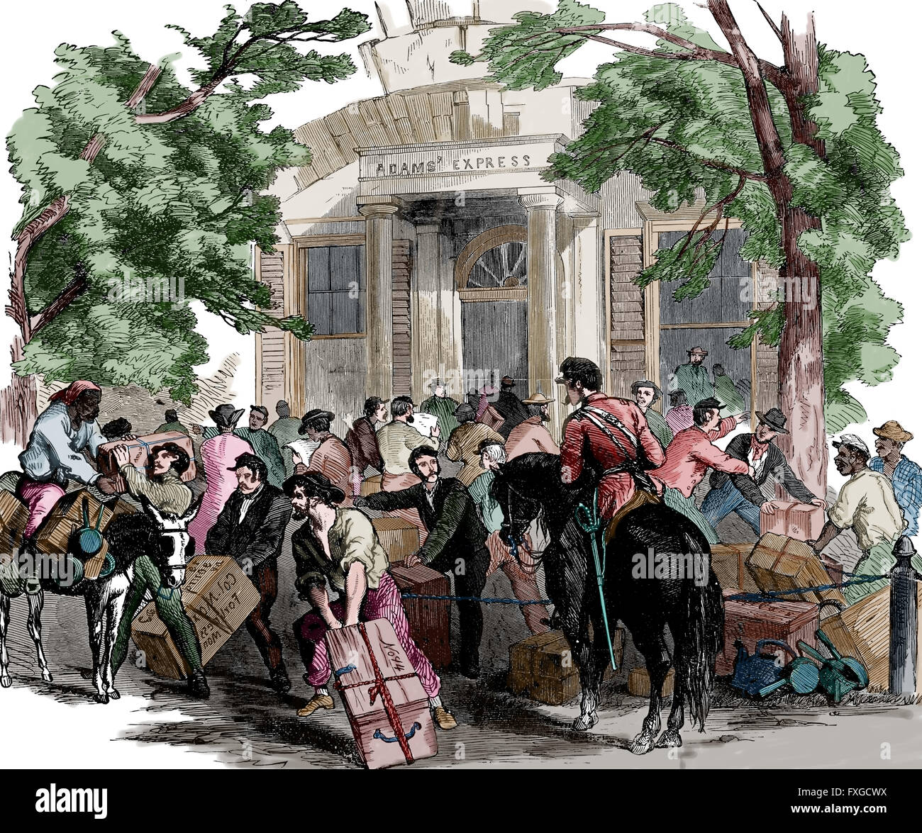 Scène dans Adams Express, à la Forteresse de Monroe, en 1861- Les bénévoles ont reçu les lettres et paquets de la maison. Banque D'Images