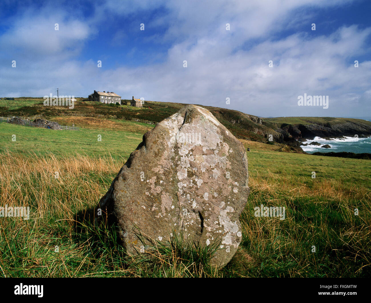 St anc : menhirs énigmatiques occuper le terrain avec une chapelle médiévale (L) sur le site de renom où Non St a donné naissance à St David. Banque D'Images