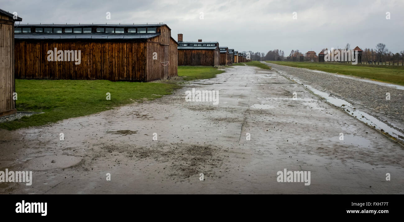 Rangée de cabanes de prisonniers dans le camp de concentration d'Auschwitz II à Birkenau (Brzezinka), près de Cracovie, Pologne. Banque D'Images