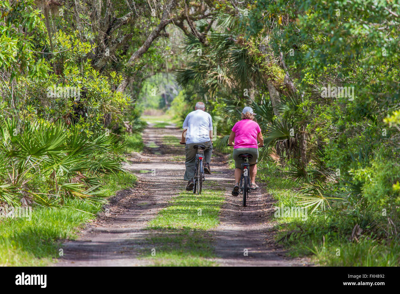 Couple l'équitation de vélo sur route Ranch Maison de Myakka River State Park dans le comté de Sarasota à Sarasota en Floride Banque D'Images