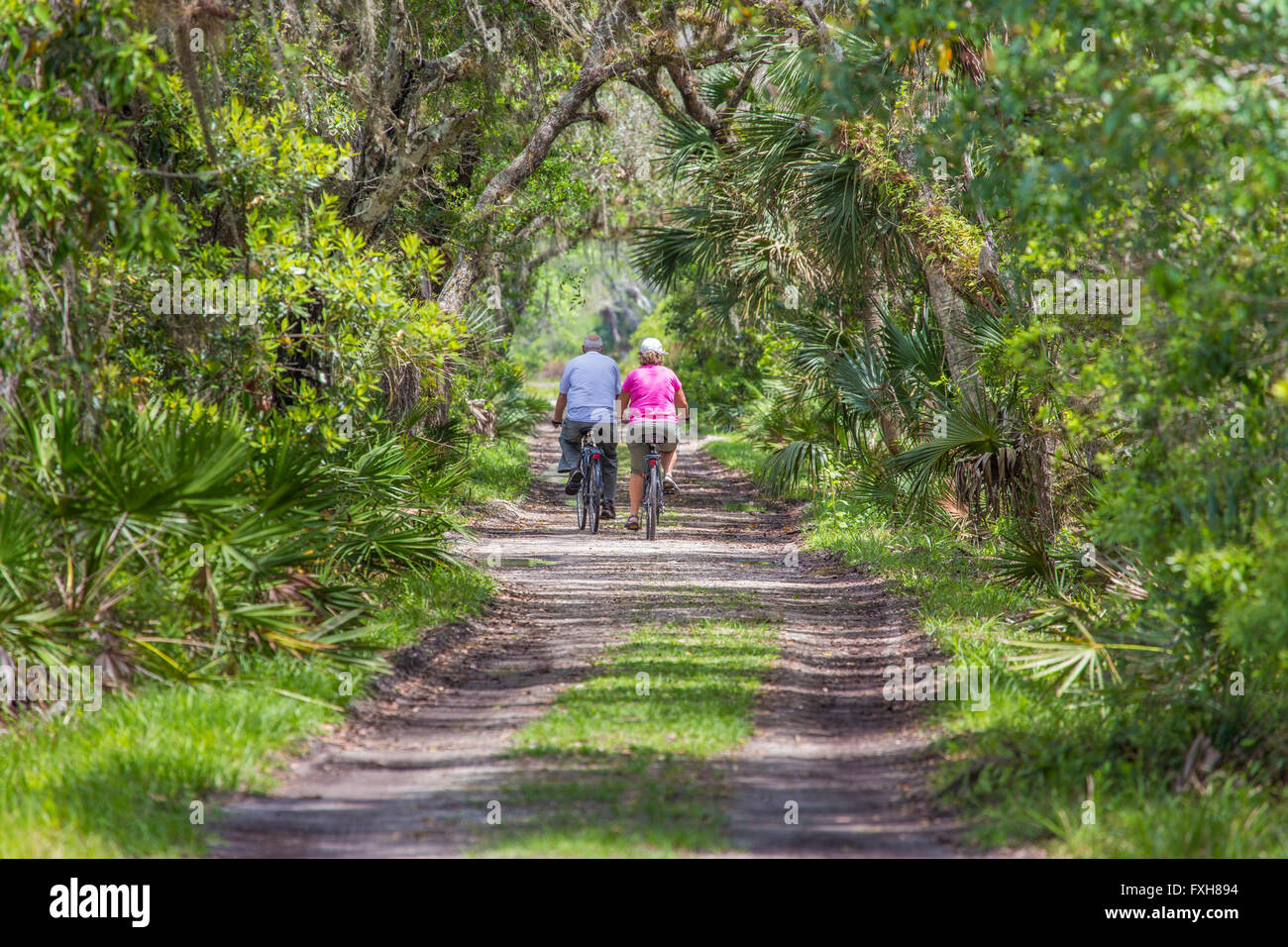 Couple l'équitation de vélo sur route Ranch Maison de Myakka River State Park dans le comté de Sarasota à Sarasota en Floride Banque D'Images
