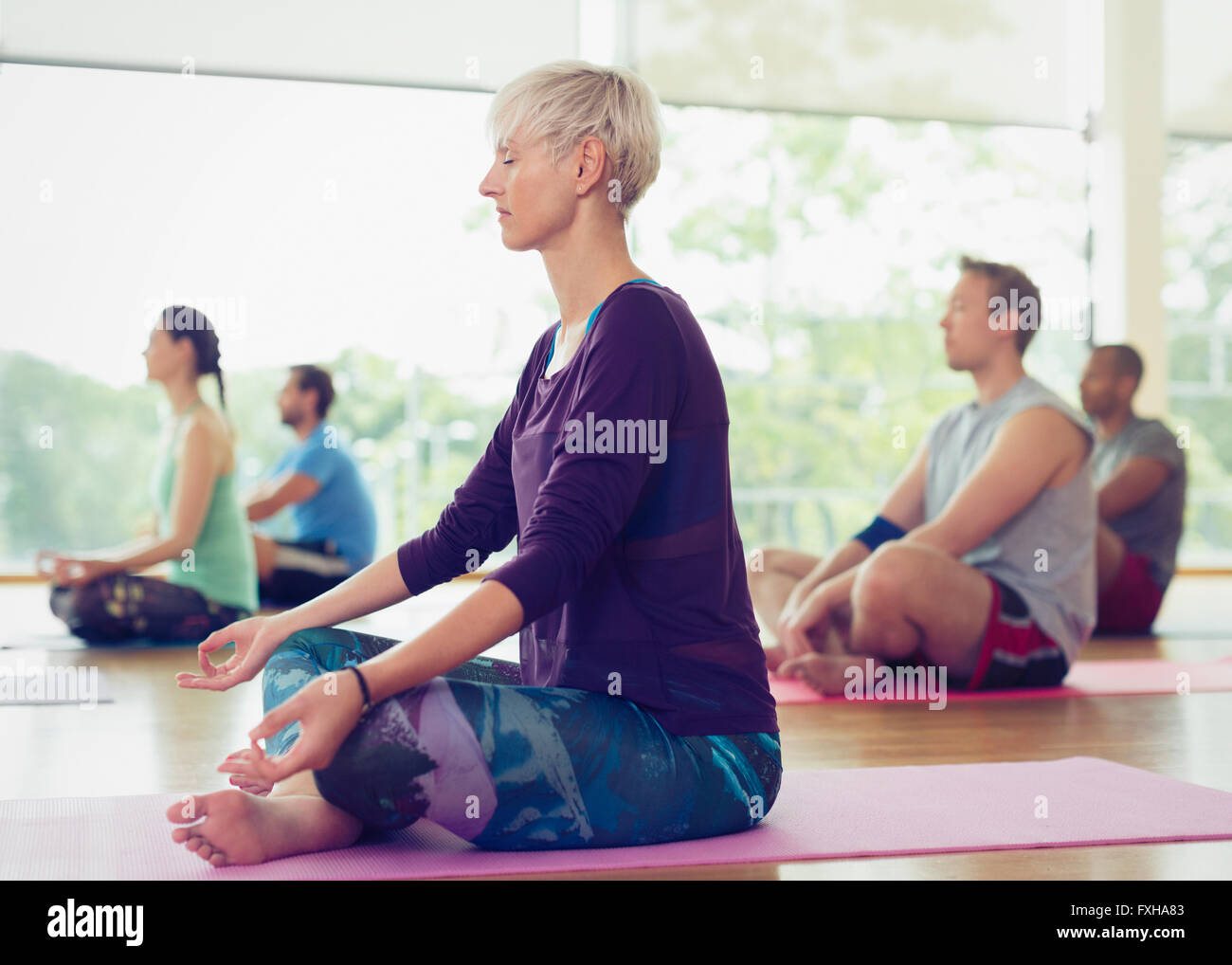 Serene woman in lotus position dans la classe de yoga Banque D'Images