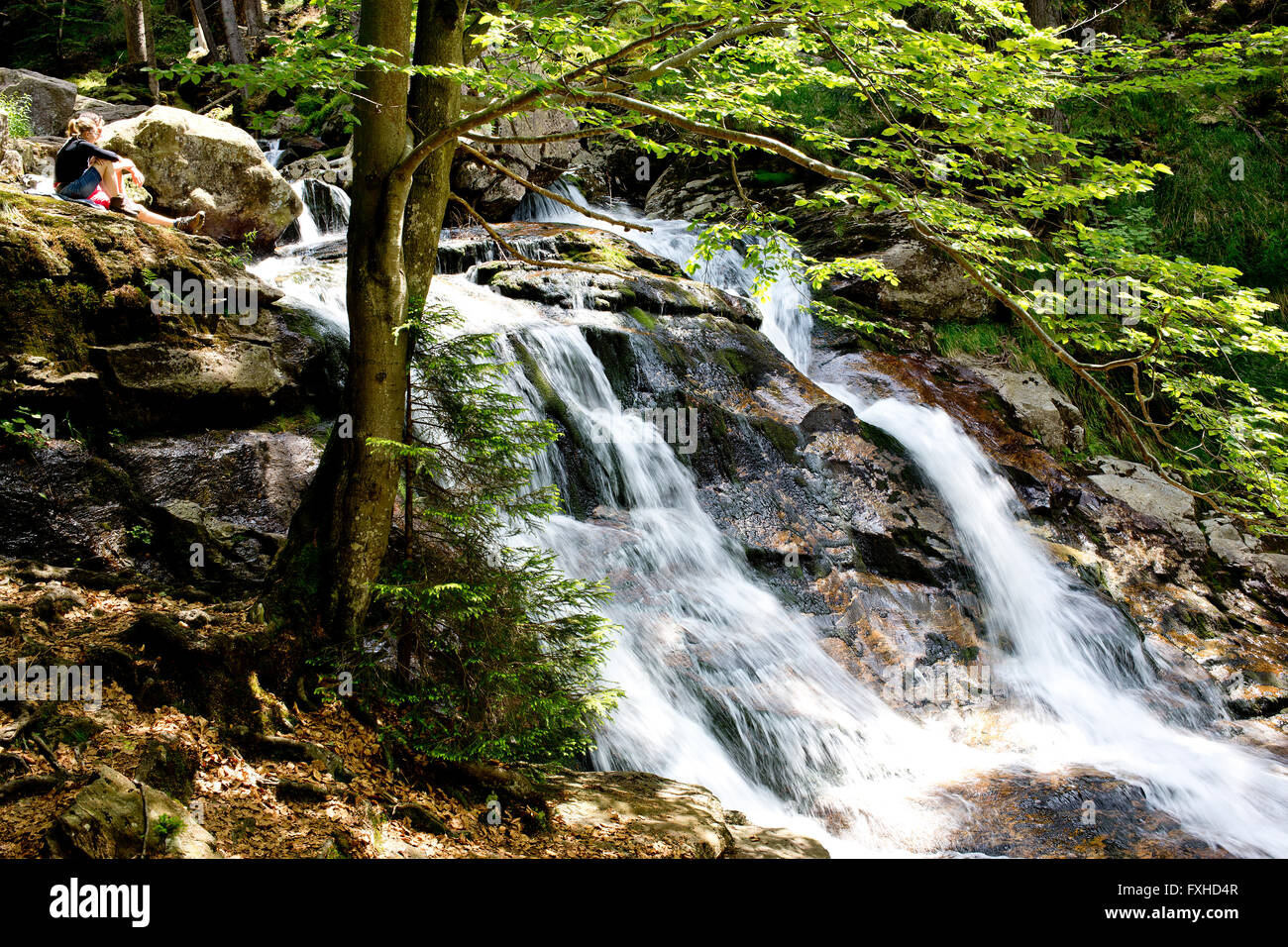 Un couple par une cascade dans le Parc National de la forêt bavaroise, Bavière, Allemagne Banque D'Images