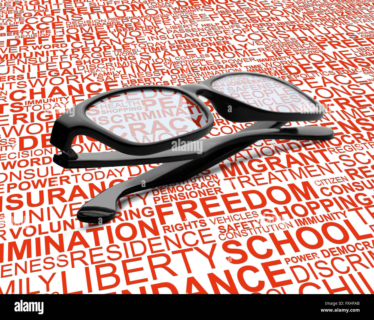 Une paire de lunettes noires avec fond wordcloud concept des droits de l'homme Banque D'Images