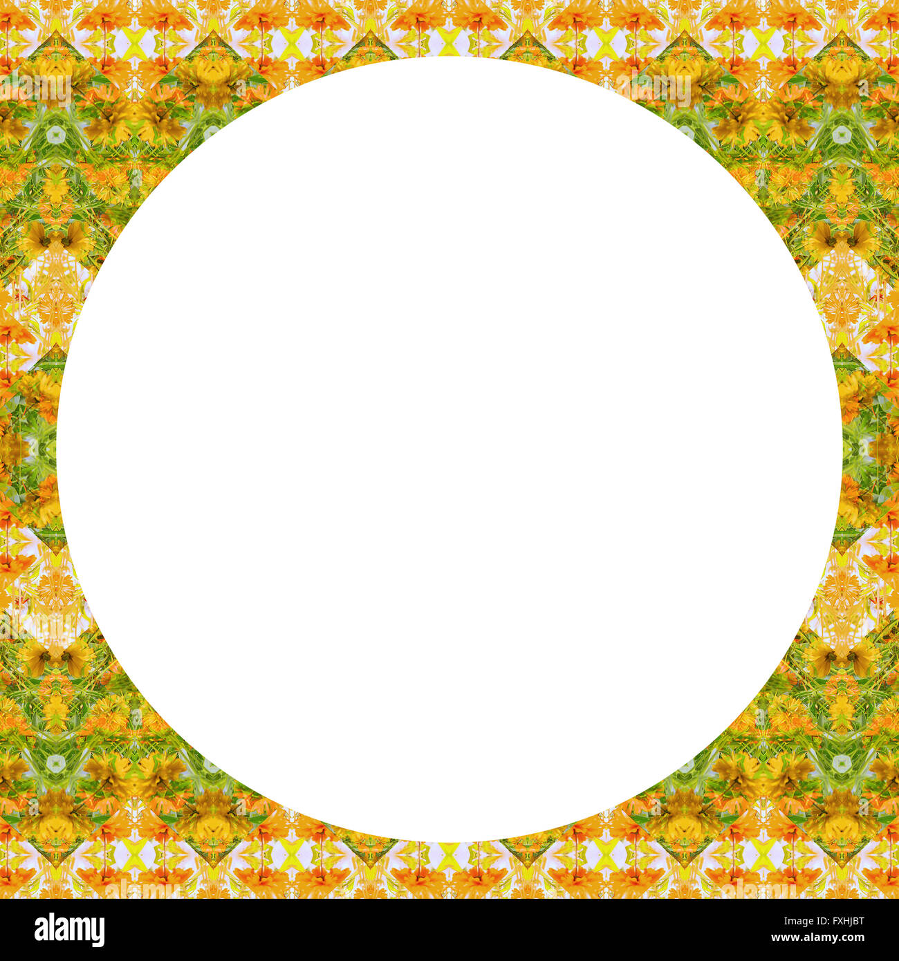 La technique de collage numérique motif floral stylisé géométrique décoratif pattern design contre châssis circulaire blanc Banque D'Images