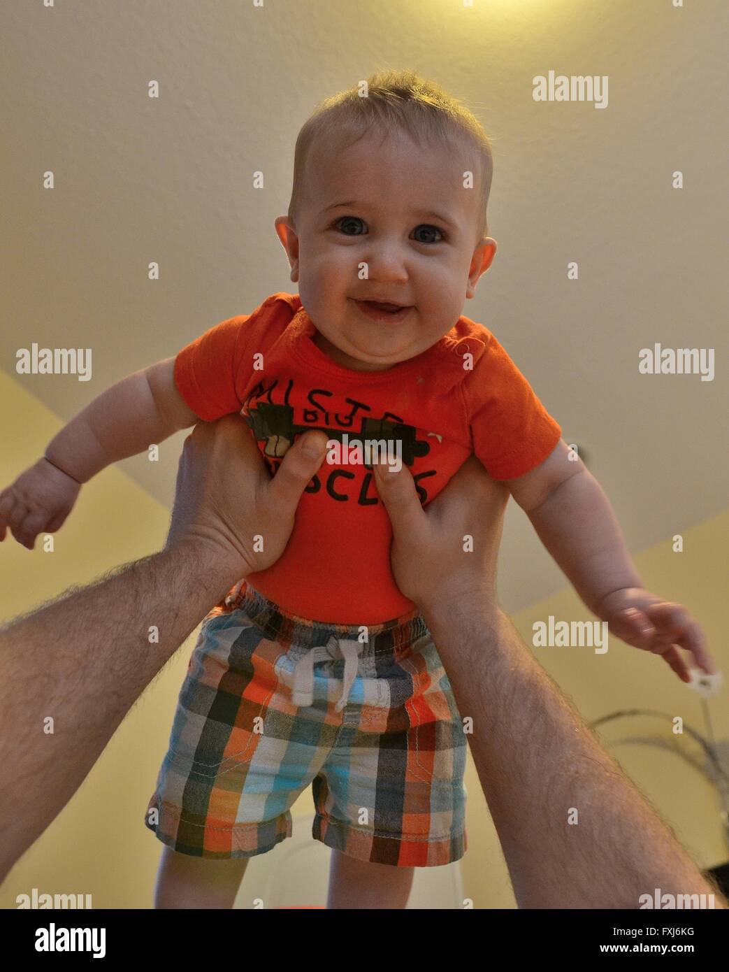 Bounce Baby--un adulte l'éducation d'un bébé garçon vers le plafond. Banque D'Images