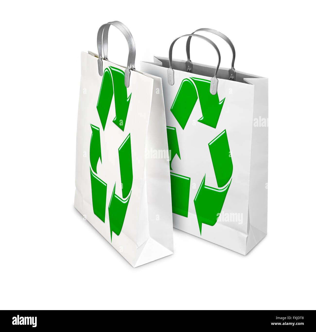 Deux Sacs shopping ouvert et fermé avec symbole recyclage isolé sur blanc. Il y a un chemin différent pour chaque sac Banque D'Images