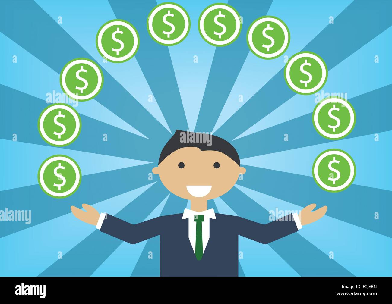 L'homme d'affaires blanc réussie de la manipulation de l'argent et de budget. Vector illustration du personnage de dollars de Jonglerie Illustration de Vecteur