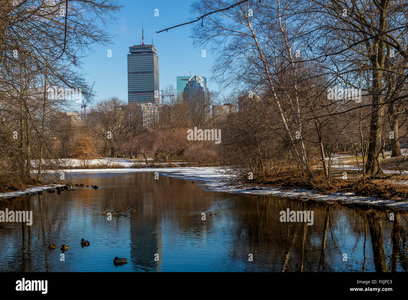 La tour Prudential de l'autre côté d'un lac dans la partie de Back Bay Fens du collier d'émeraude en hiver, Boston, Messe Banque D'Images