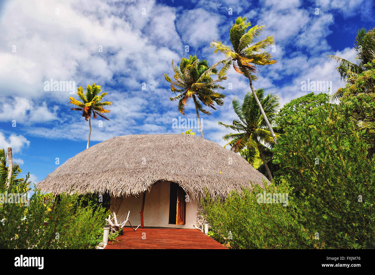 L'atoll de Tikehau, Tuamotu, de Polynésie. Un echo resort au milieu de palmiers verts avec une belle carte postale sky Banque D'Images