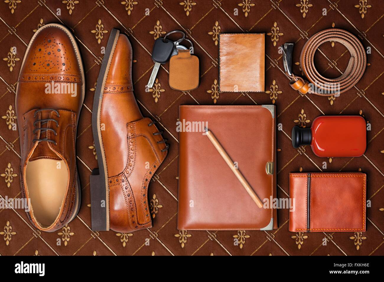 Vue du dessus de l'homme brun accessoires. Banque D'Images