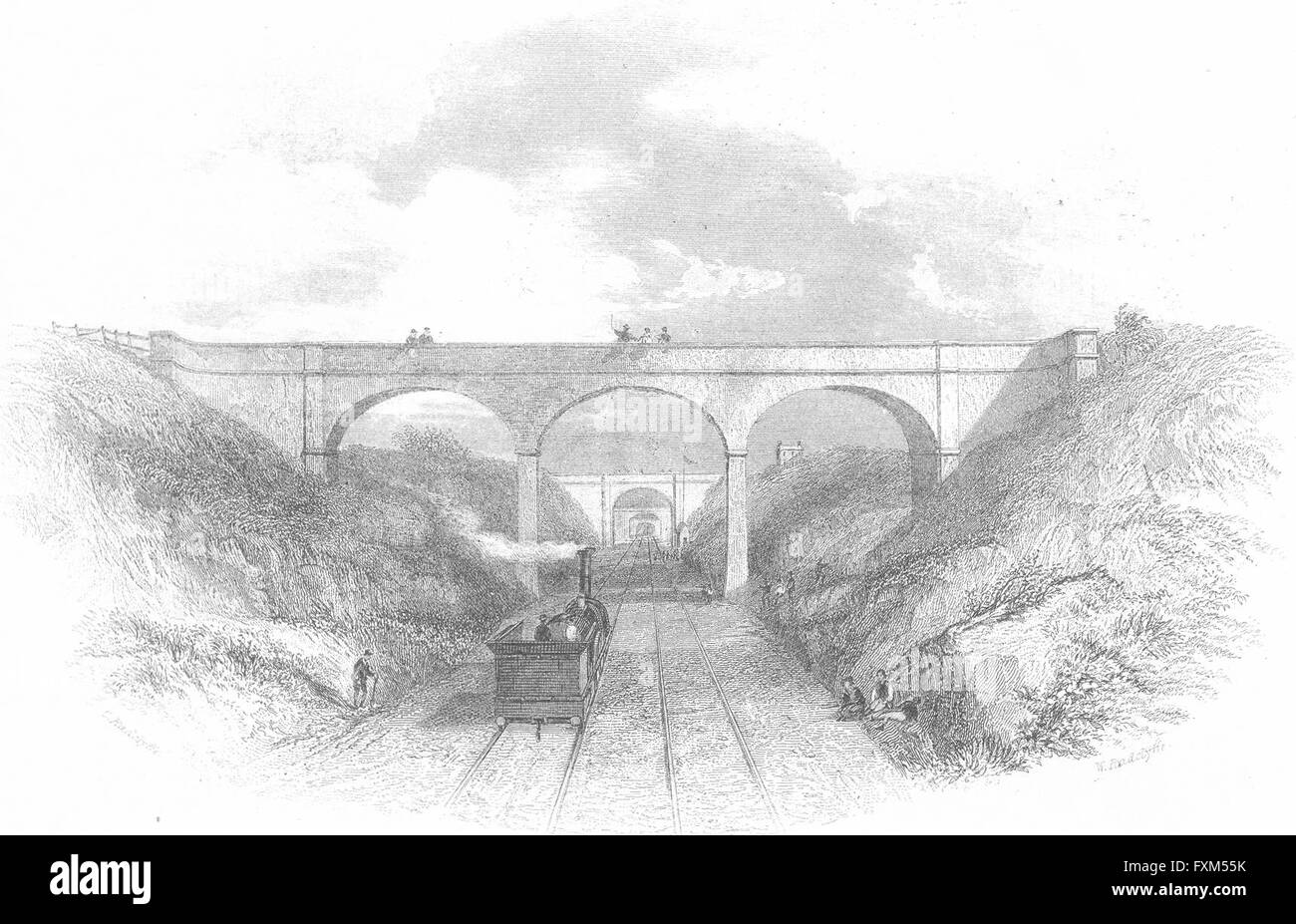 HERTFORD : viaduc de coupe, les trains Radclyffe ancien 1860 Banque D'Images