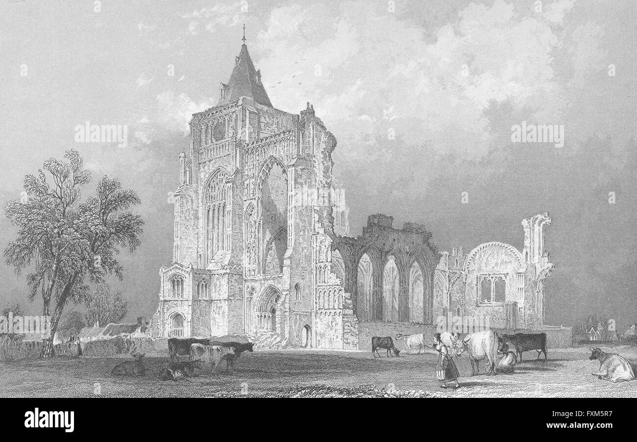 L'ABBAYE DE CROWLAND : Lincolnshire : LINCS : ruines laitière, antique print 1836 Banque D'Images