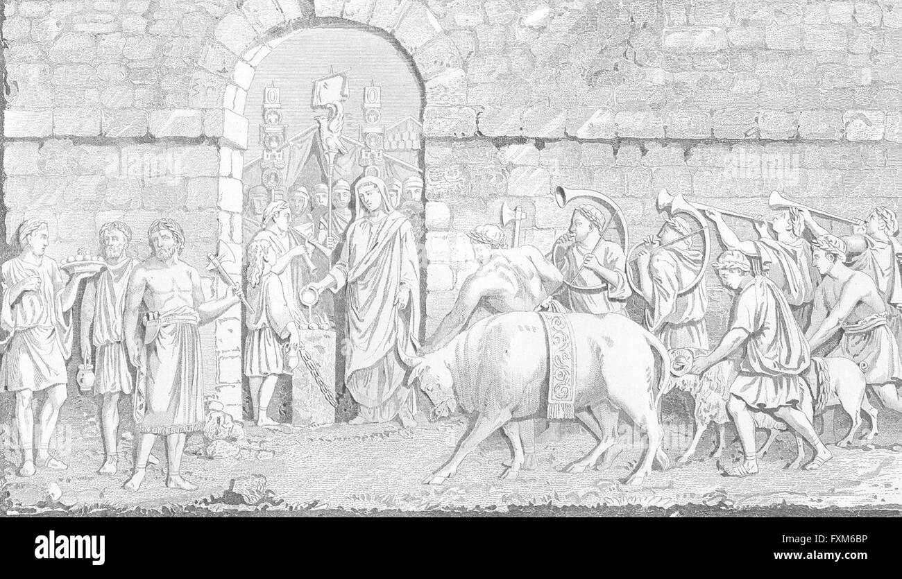 Romains : sacrifice de guerre(Bartolle la colonne Trajane), antique print c1849 Banque D'Images