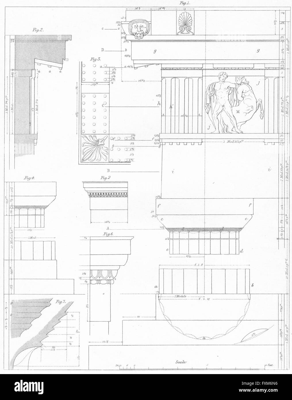 Architecture : BÂTIMENTS II ordre dorique-details, antique print c1849 Banque D'Images