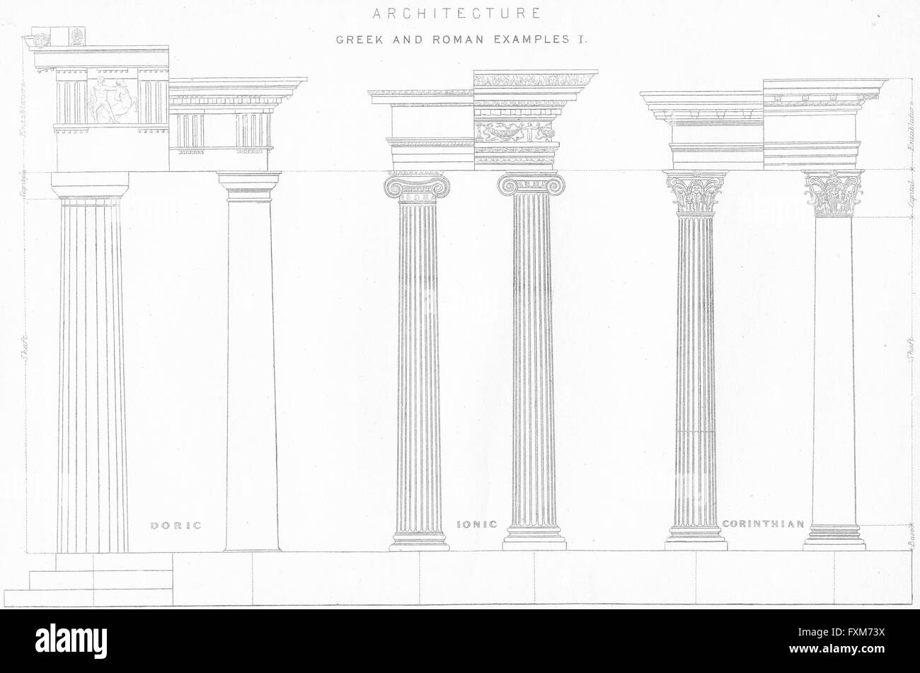 Colonnes : Dorique Romain grec corinthien ionique, antique print c1849 Banque D'Images