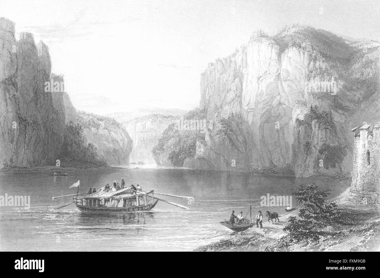 Allemagne : : Cheval de Weltenbourg bateau Drapeau Mtns river , ancien 1840 Banque D'Images