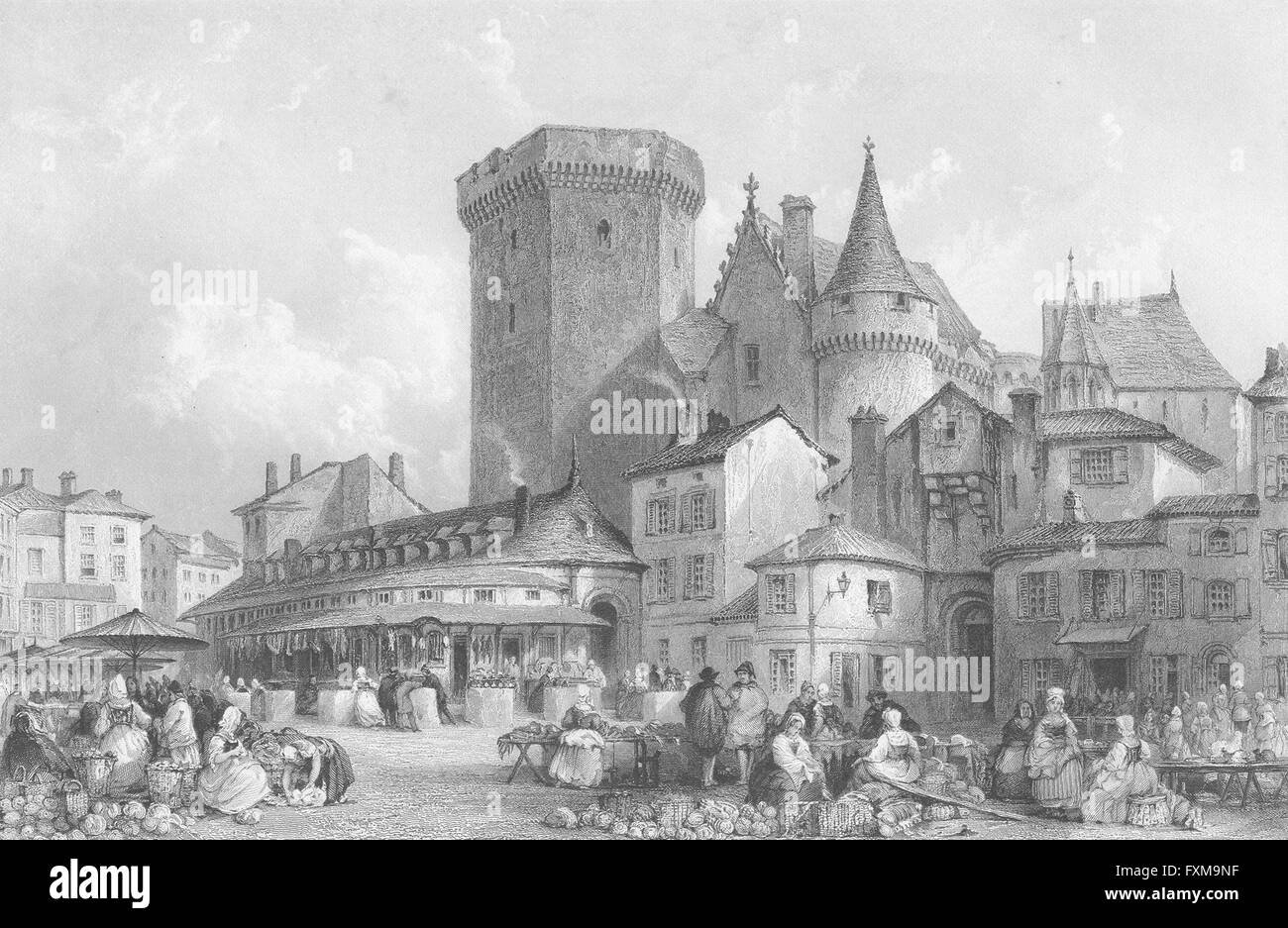 FRANCE : Marché Angouleme : Allom, antique print 1840 Banque D'Images