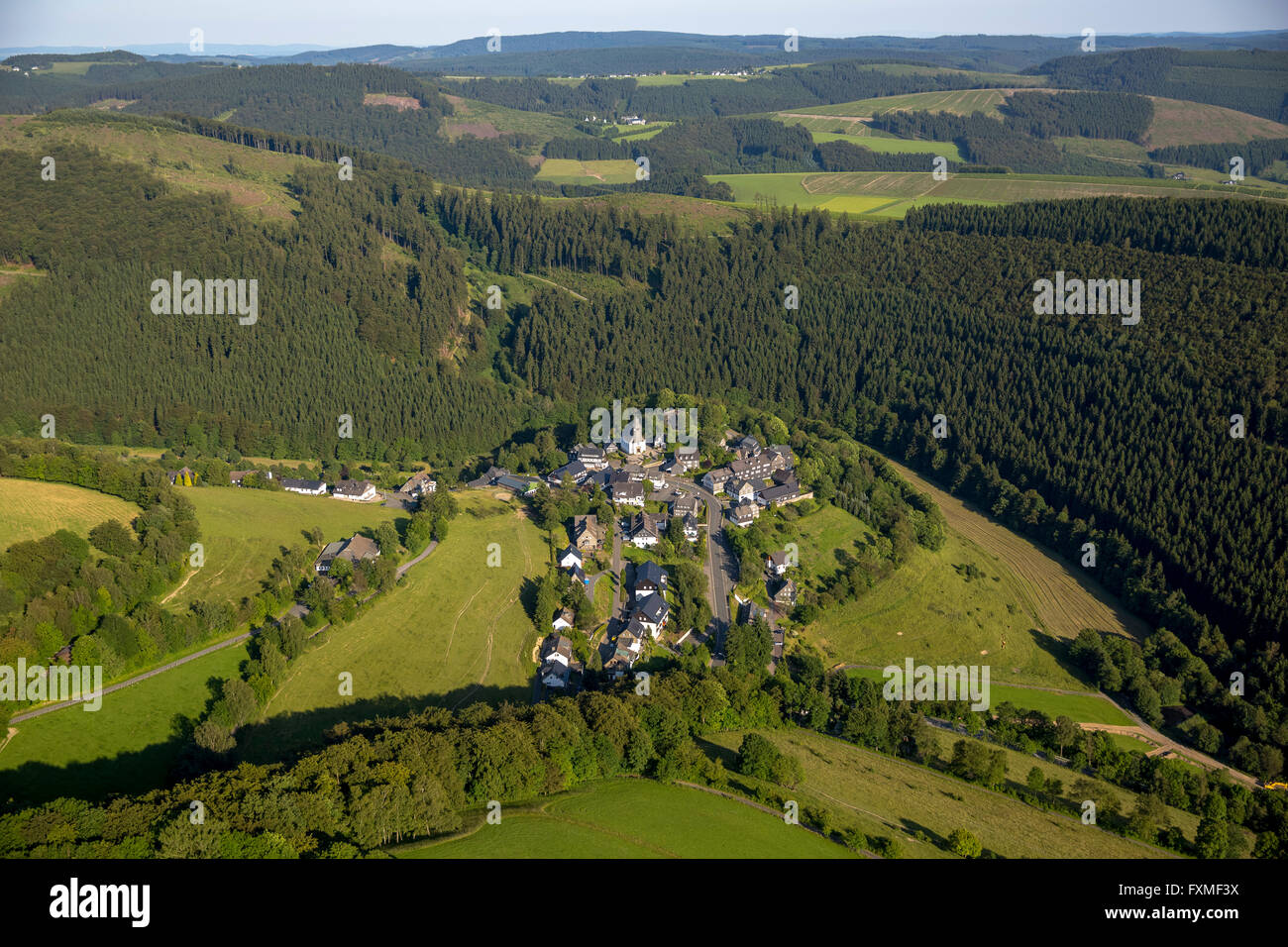 Vue aérienne, fauchés en prairies supérieur Schanze, Schmallenberg, région de Hochsauerland, Rhénanie du Nord-Westphalie, Allemagne, Europe, Banque D'Images
