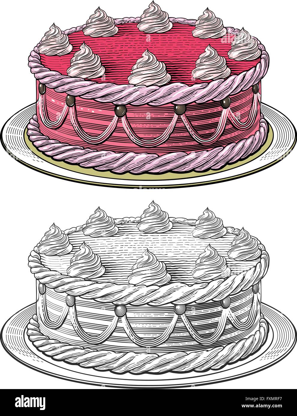 Gâteau d'anniversaire dans leur gravure Illustration de Vecteur