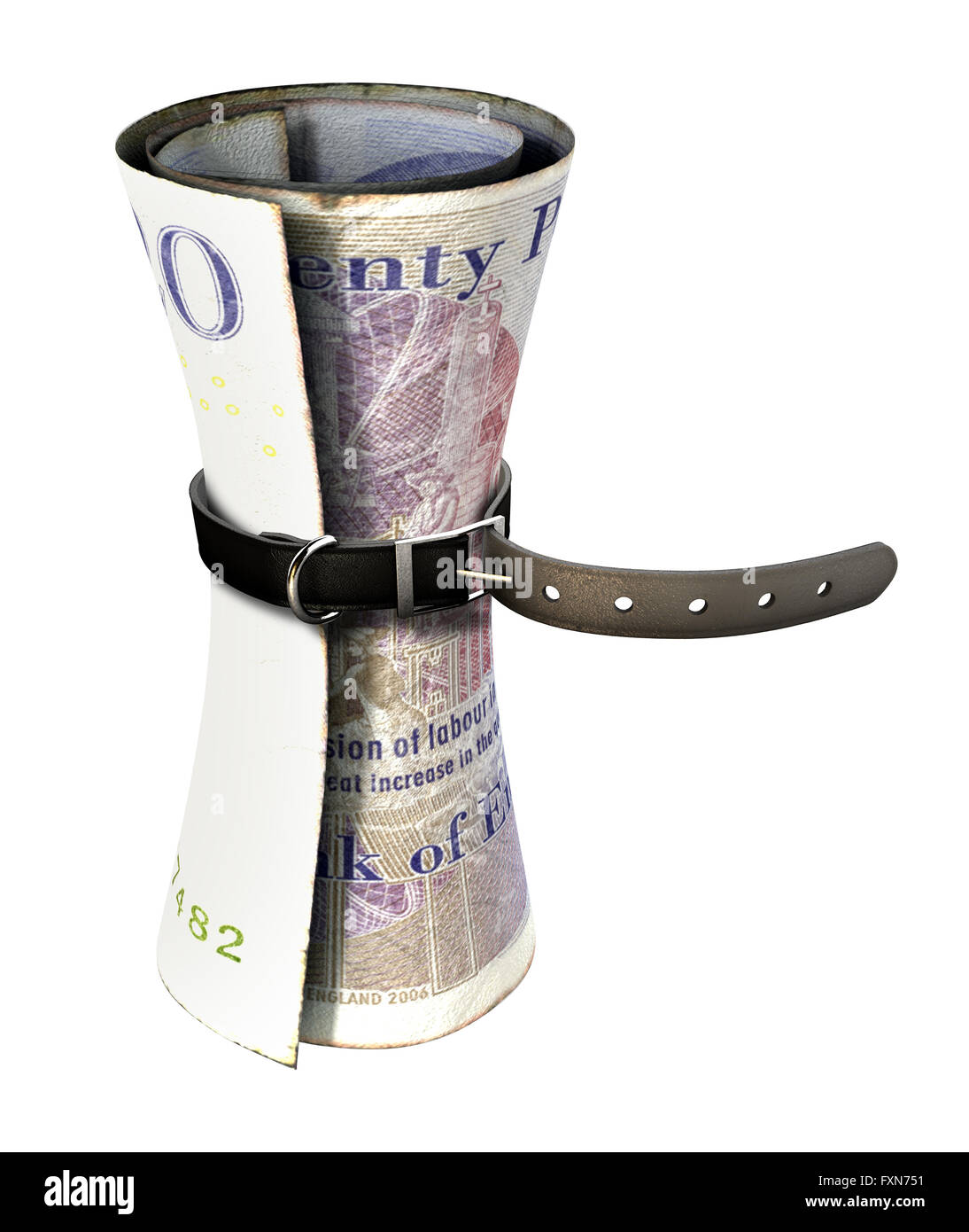 Une ceinture en cuir ordinaire qui a été resserrée autour d'une très étroite roula British pound bank note sur un studio b blanc isolé Banque D'Images