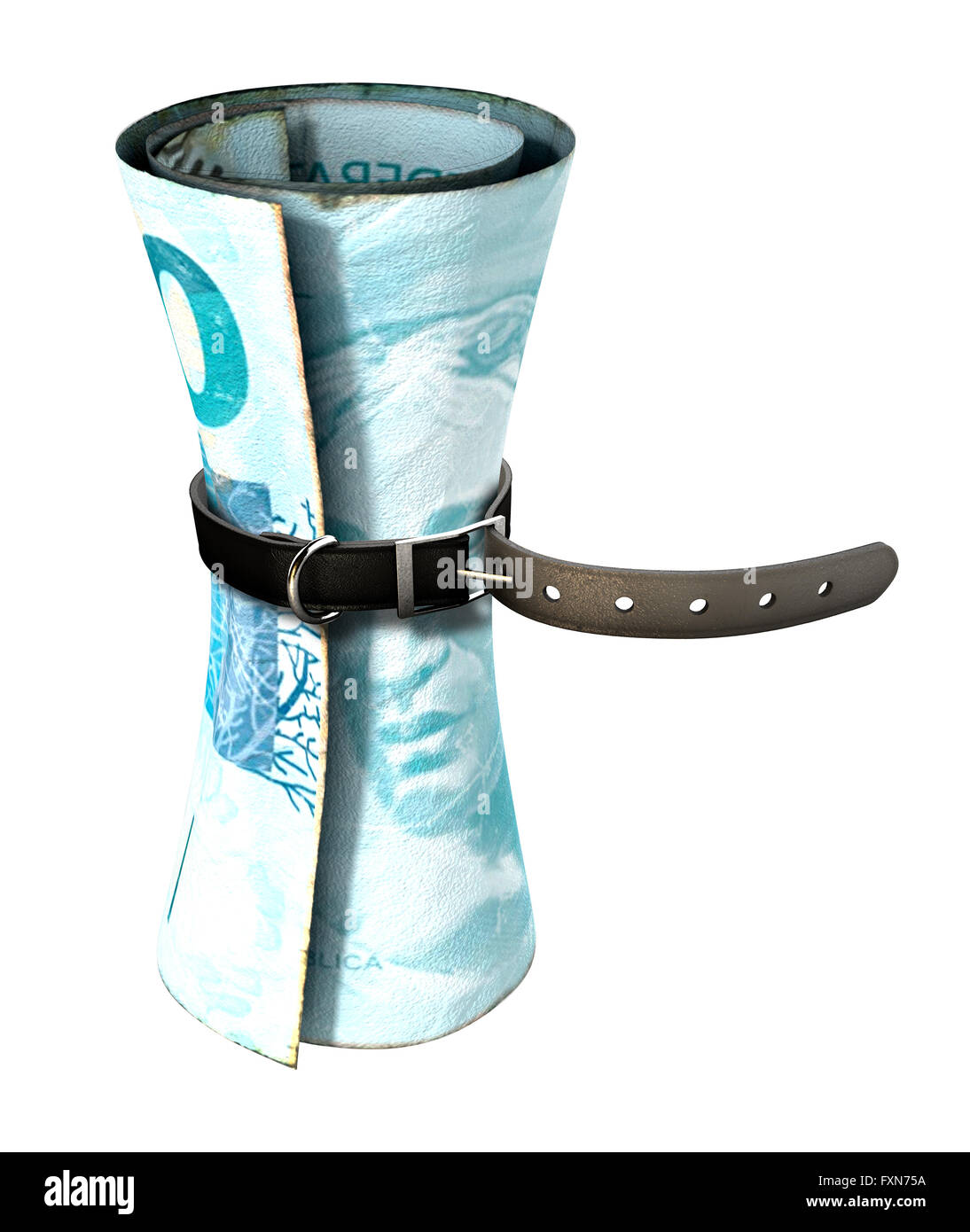 Une ceinture en cuir ordinaire qui a été très étroite serrée autour d'une vraie banque brésilienne laminées sur une note studio blanc isolé Banque D'Images