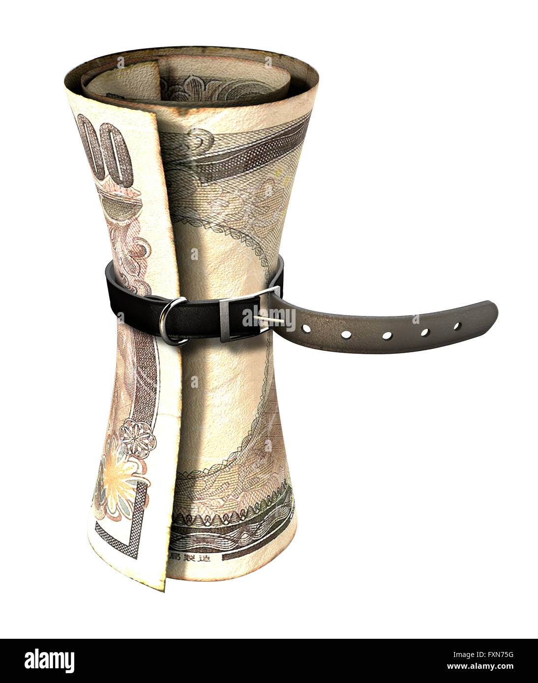 Une ceinture en cuir ordinaire qui a été resserrée autour d'une très étroite en yen japonais bank note sur un cas isolé studio blanc ba Banque D'Images