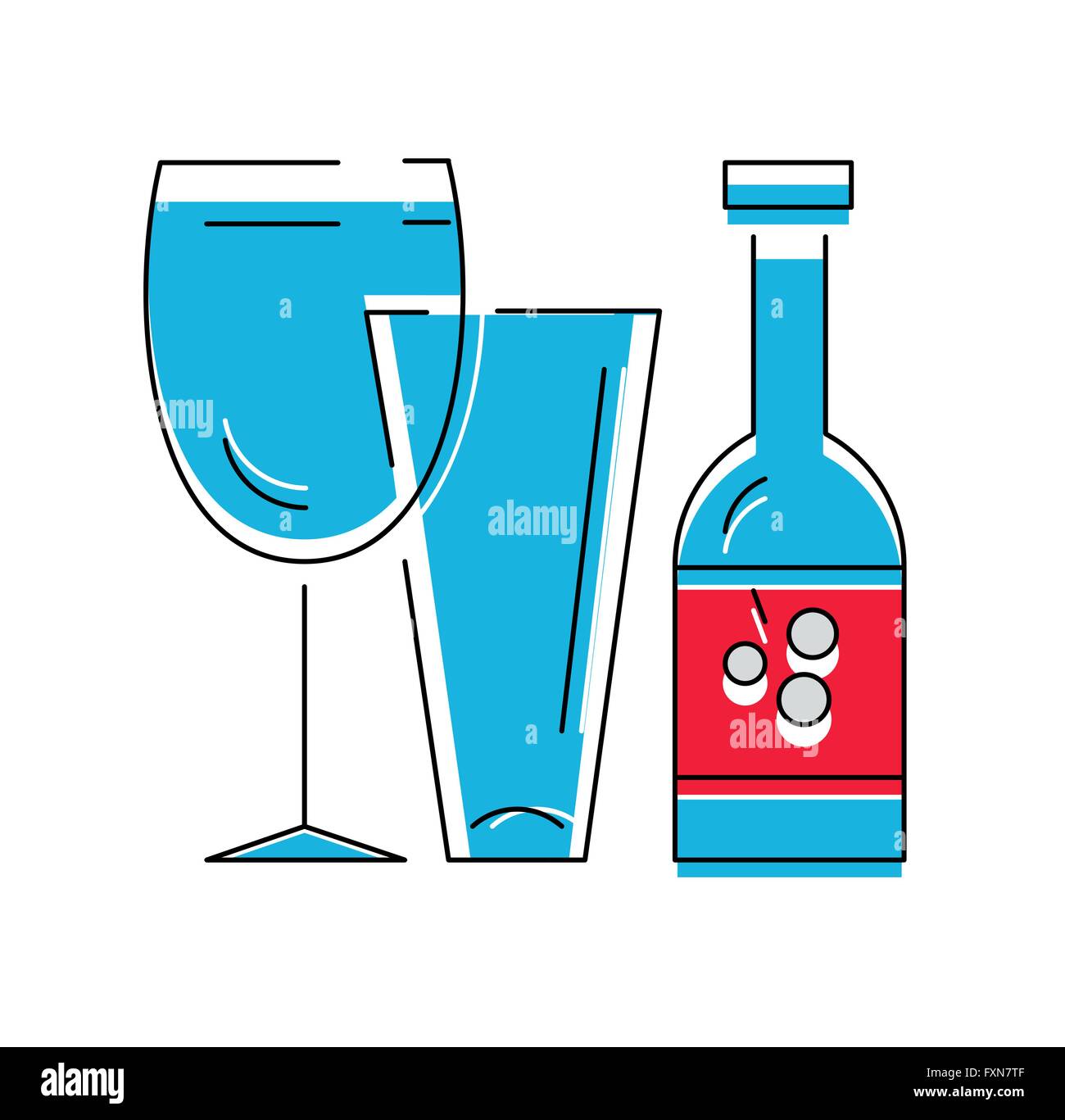 Bouteille de vin ou d'autres boissons et des verres . Illustration vecteur ligne, syle Illustration de Vecteur