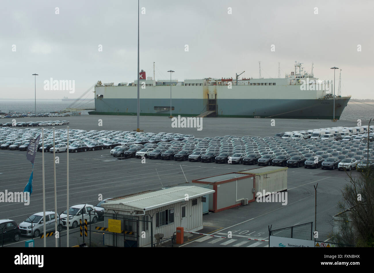 Les voitures importées sur le quai à Setubal Portugal Banque D'Images