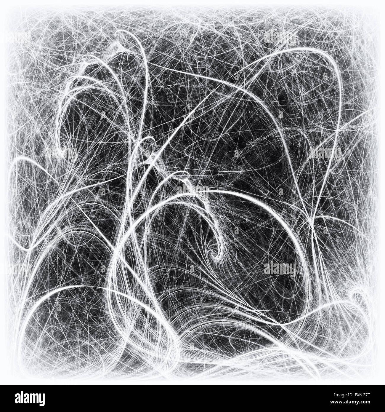 Tourbillons sur un fond sombre. Abstraite noir et blanc avec motif fractal boucles blanc sur noir Banque D'Images