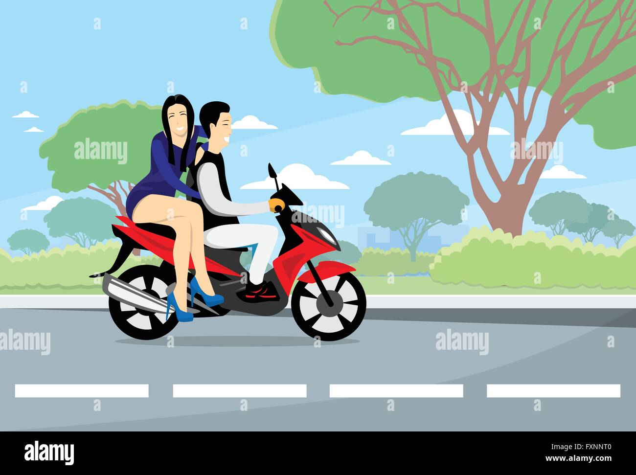 Scooter Moto Ride Asian Couple Illustration de Vecteur