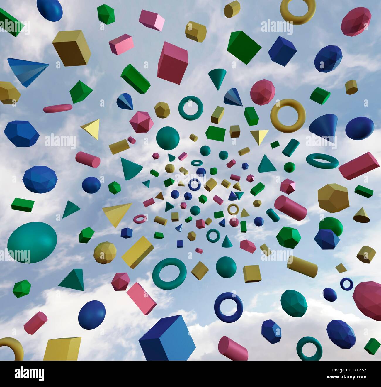 Illustration de diverses formes géométriques avec un fond de ciel. Banque D'Images