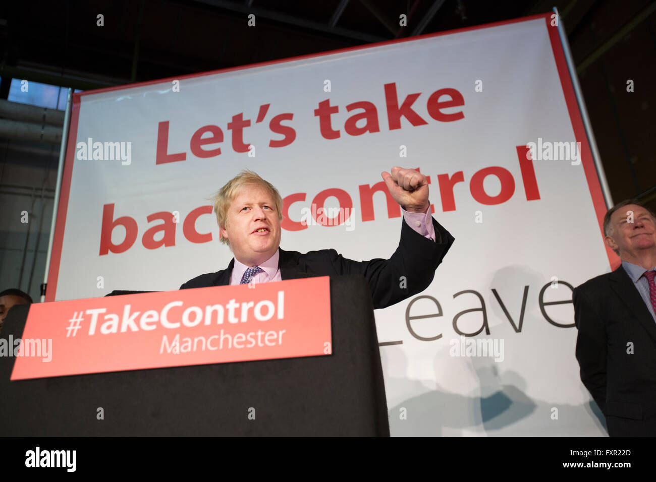 Brexit partisans à Manchester pour Boris Johnston MP au "VOTE LAISSER' rassemblement pour sortir de l'Euro sur le référendum du 23 juin. Banque D'Images