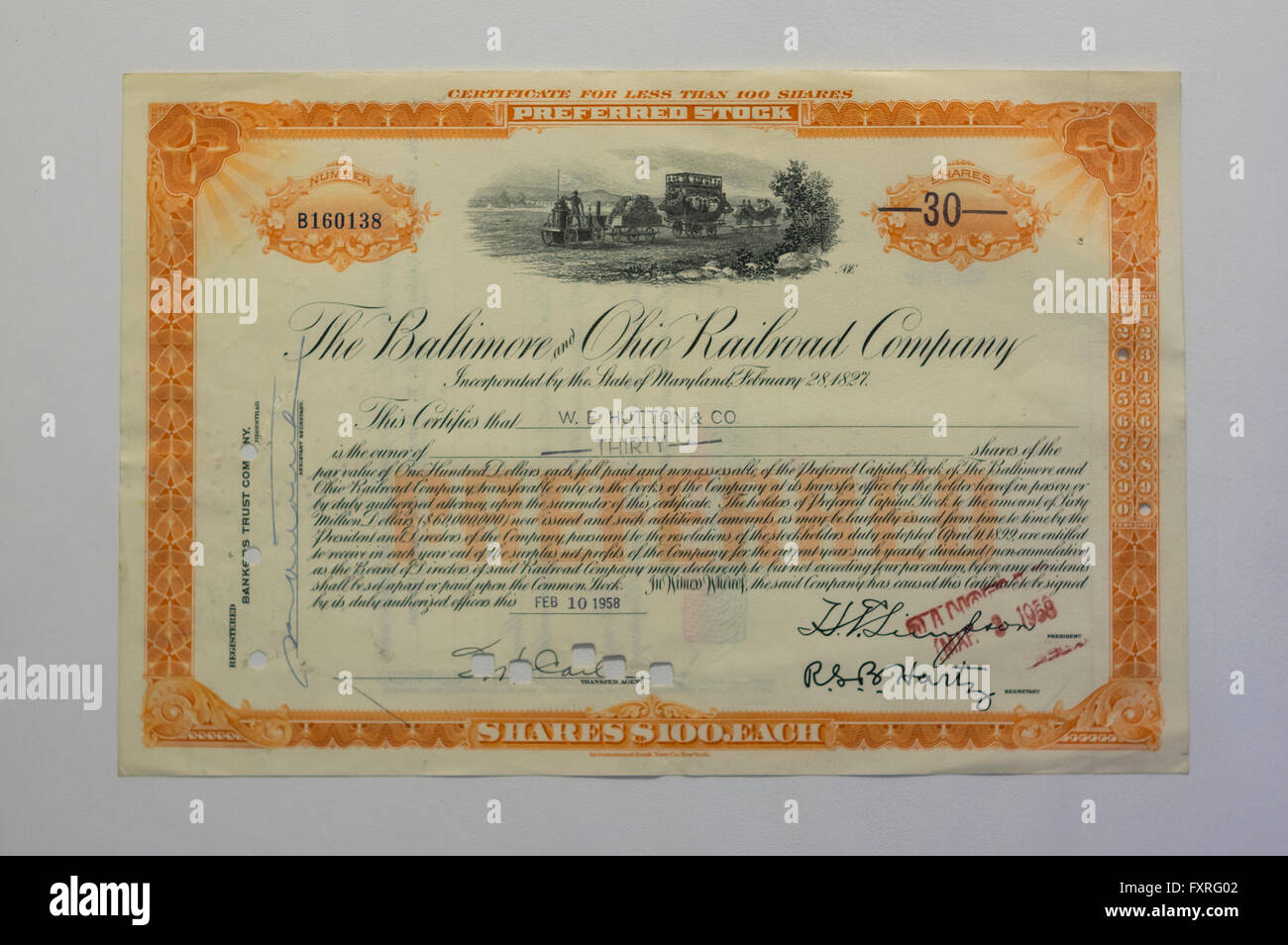 Ies Années 1950 Baltimore & Ohio Railroad Company certificat d'actions. Banque D'Images