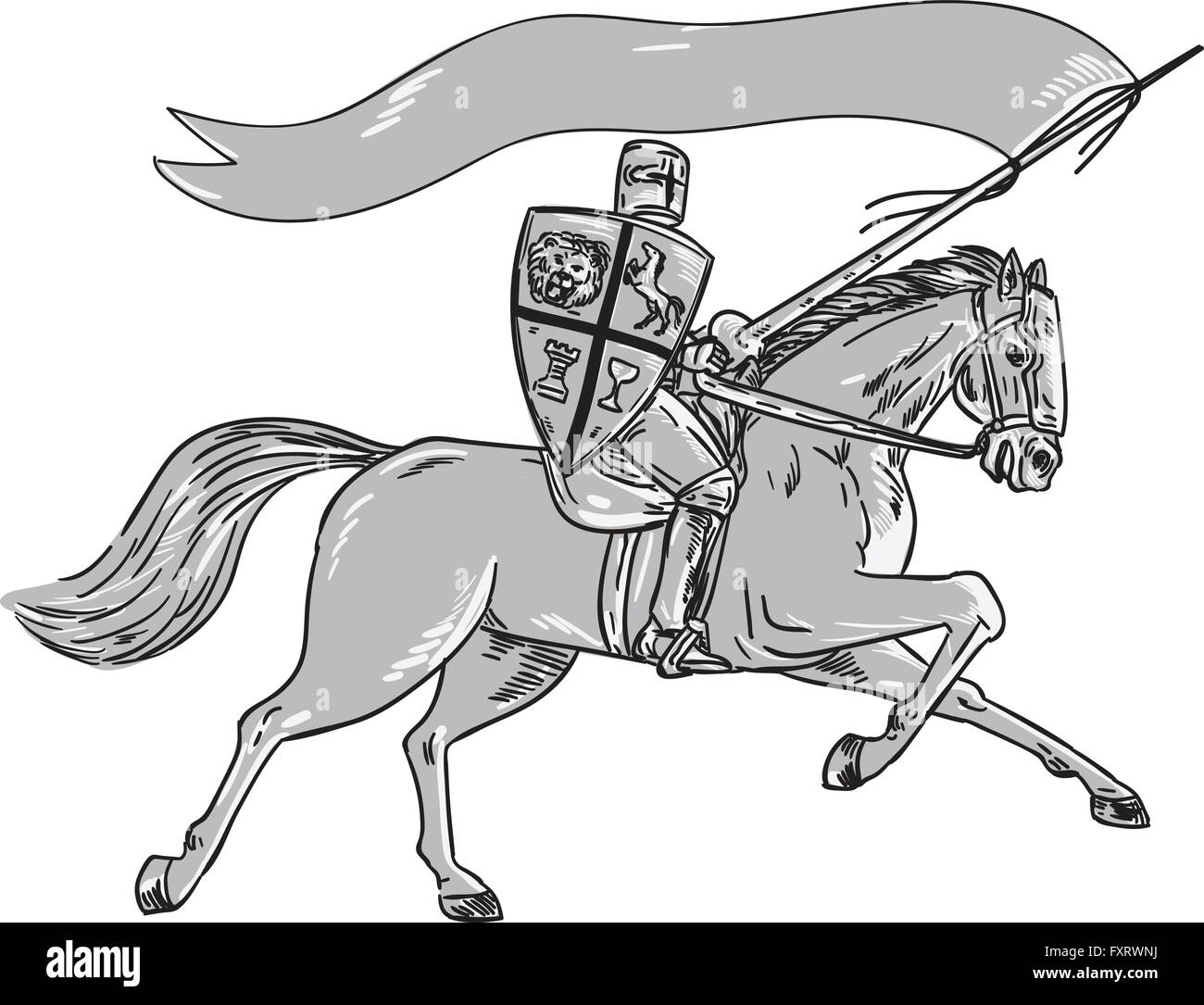 Illustration de l'chevalier en armure complète holding lance, bouclier et d'un drapeau riding horse vu de côté sur un fond blanc fait en style rétro. Illustration de Vecteur