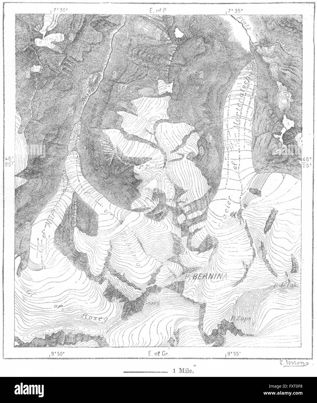 GLACIERS suisses : Morteratsch Tschierva, croquis, c1885 Banque D'Images