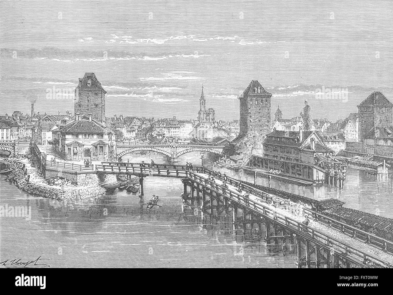 FRANCE : Strasbourg, ponts couverts, antique print c1885 Banque D'Images