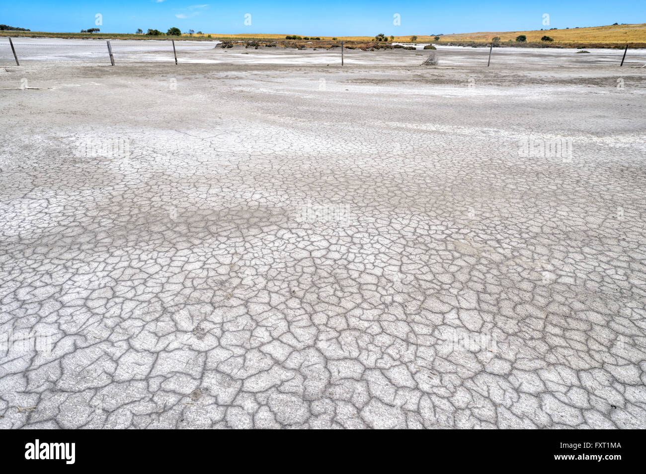 Clôture sur un Parnka Saltpan séché près de Point, le parc national du Coorong, péninsule de Fleurieu, Australie du Sud, SA, Australie Banque D'Images