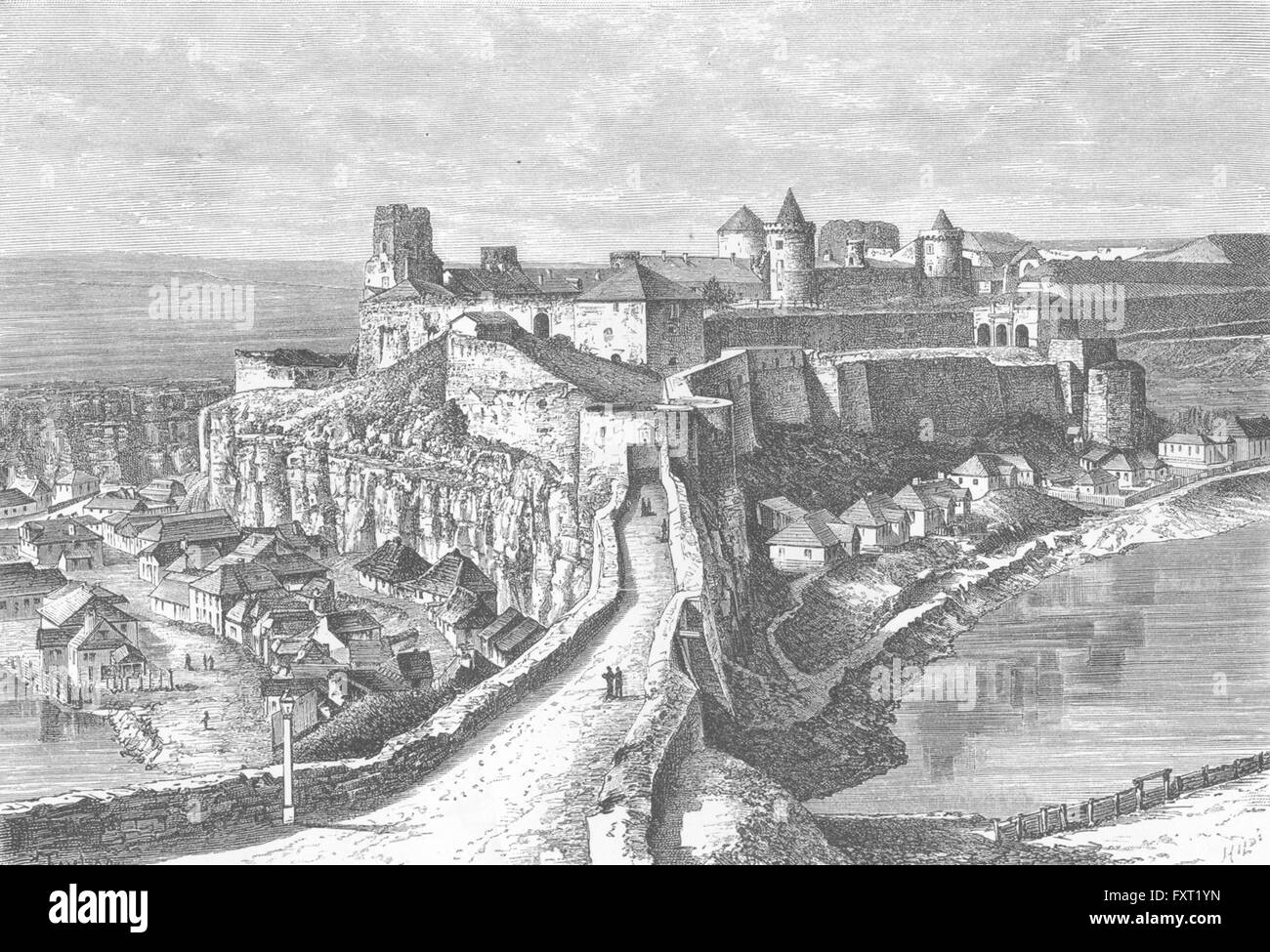 UKRAINE : Fort, Kamianets, antique print c1885 Banque D'Images