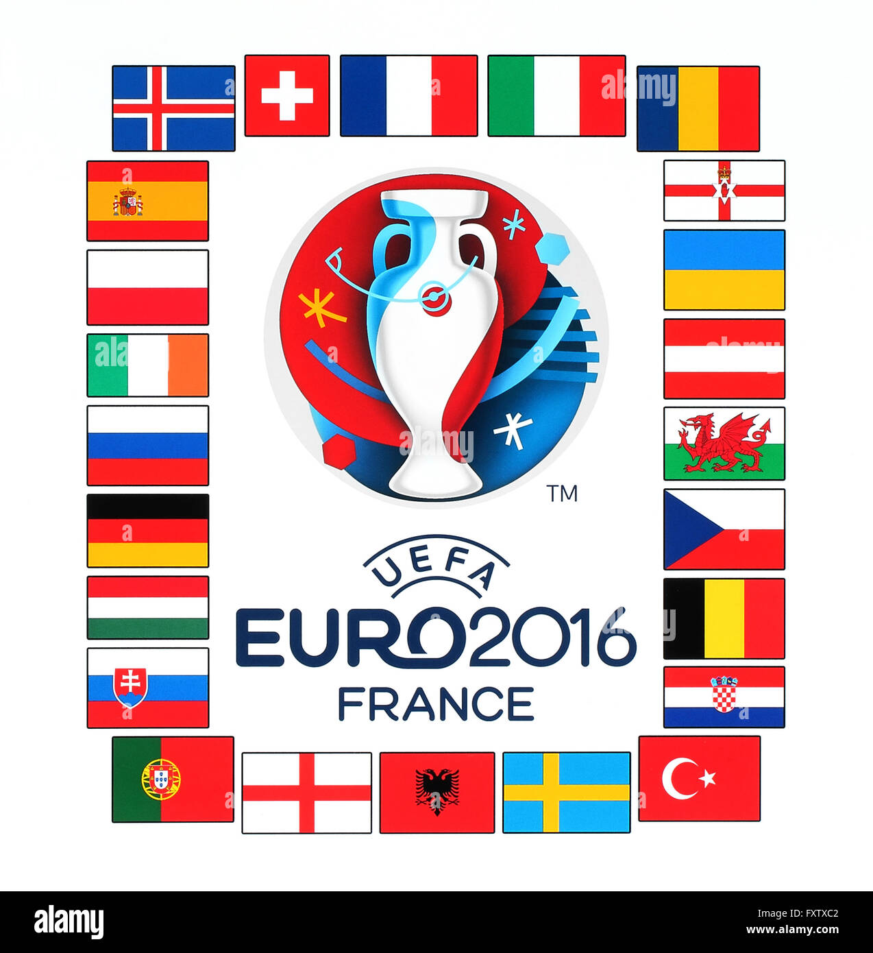Logo officiel de l'UEFA 2016 Championnat d'Europe en France avec les drapeaux des pays participants Banque D'Images