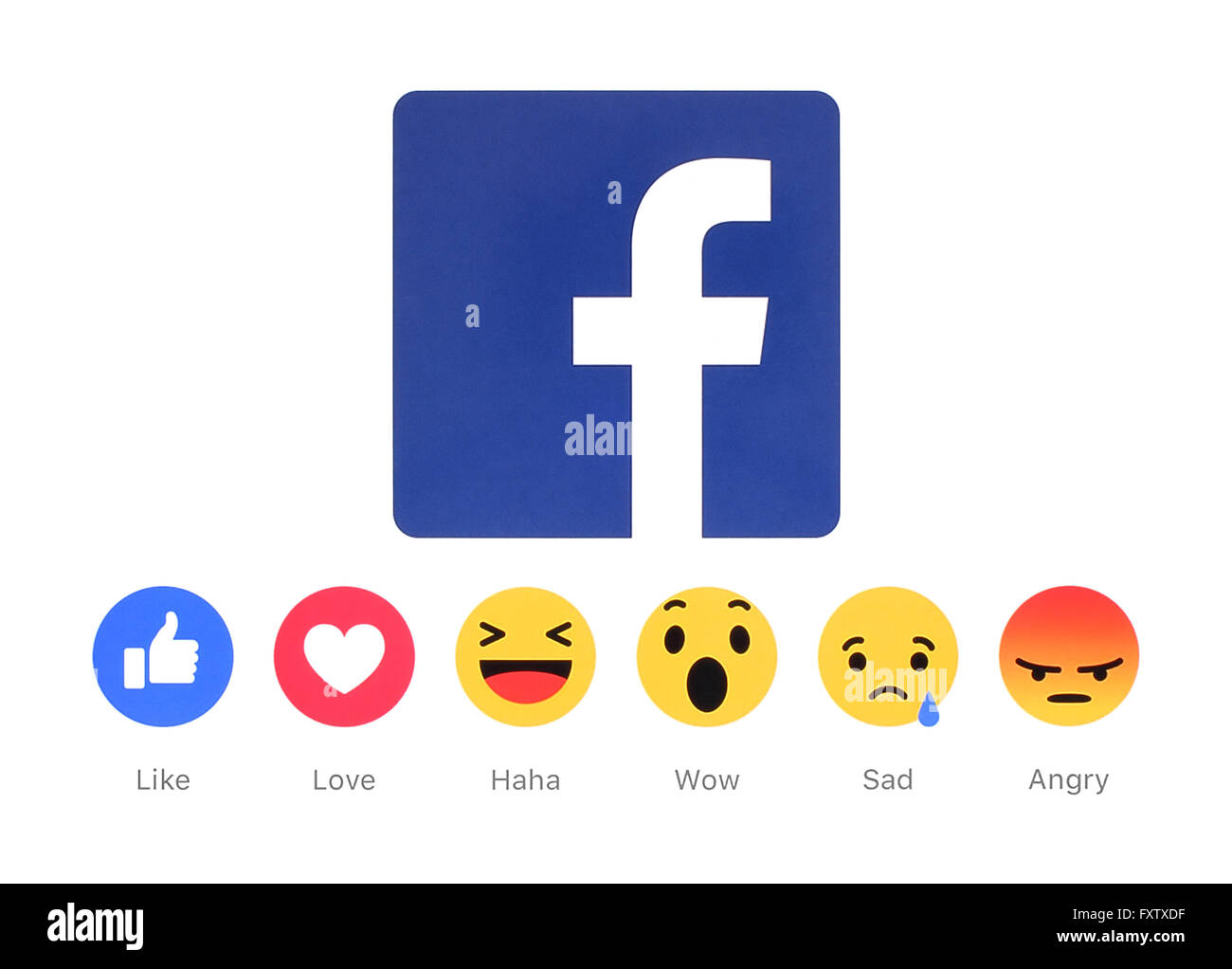 Nouveau Facebook like button 6 Réactions Emoji empathique imprimés sur papier blanc. Banque D'Images