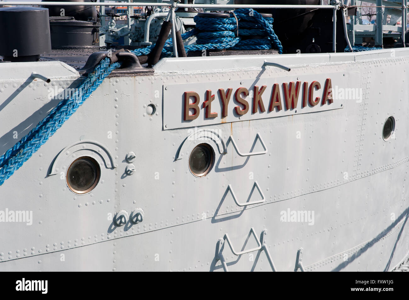 Navire Blyskawica ladder dans Gdynia, Pologne, Europe, la mer Baltique, ORP Blyskawica warship amarré à quai, vue extérieure Banque D'Images