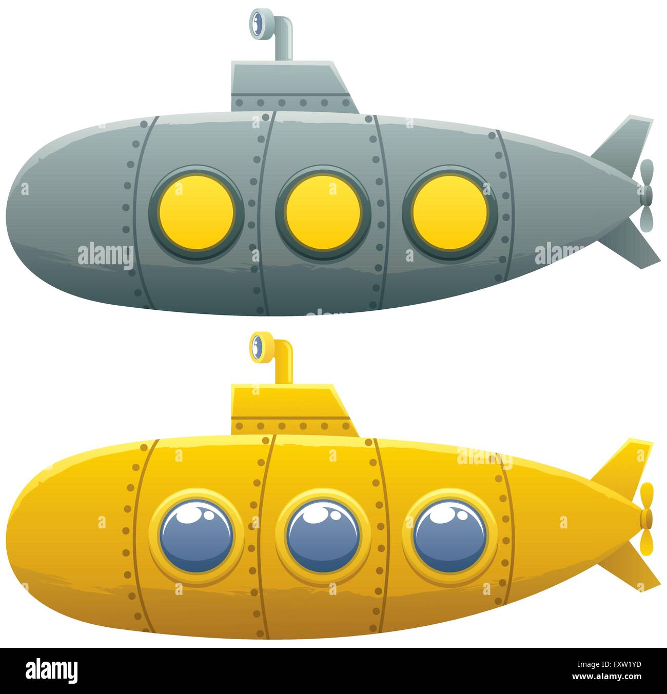 Sous-marin dessin animé en 2 versions sur fond blanc. Illustration de Vecteur