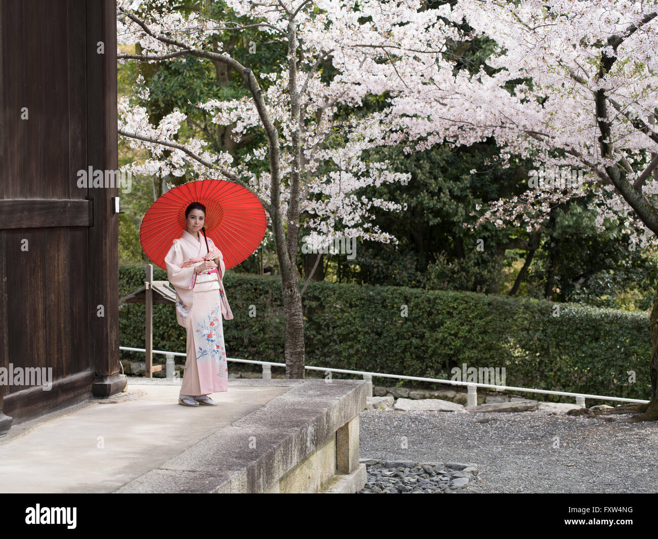 Femme japonaise en kimono à Sanmon (trésor national du Japon) du Temple de Chion-in, Kyoto, Japon Banque D'Images