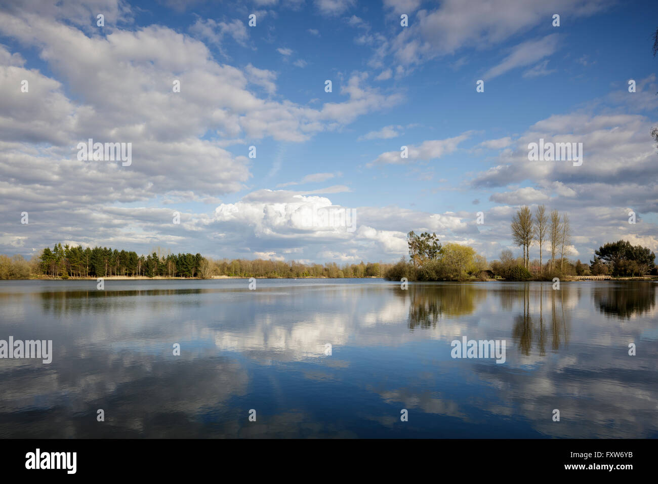 Les nuages et les arbres se reflétant dans un lac dans les cotswold water park. Banque D'Images