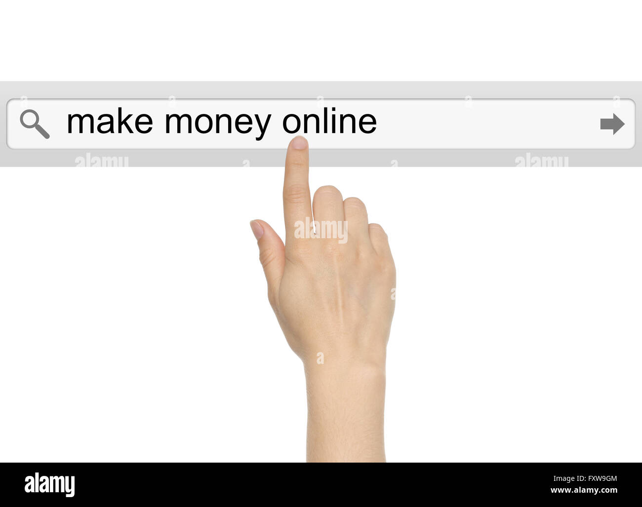 Pousse la main avec barre de recherche virtuel faire de l'argent en ligne mots sur fond blanc Banque D'Images