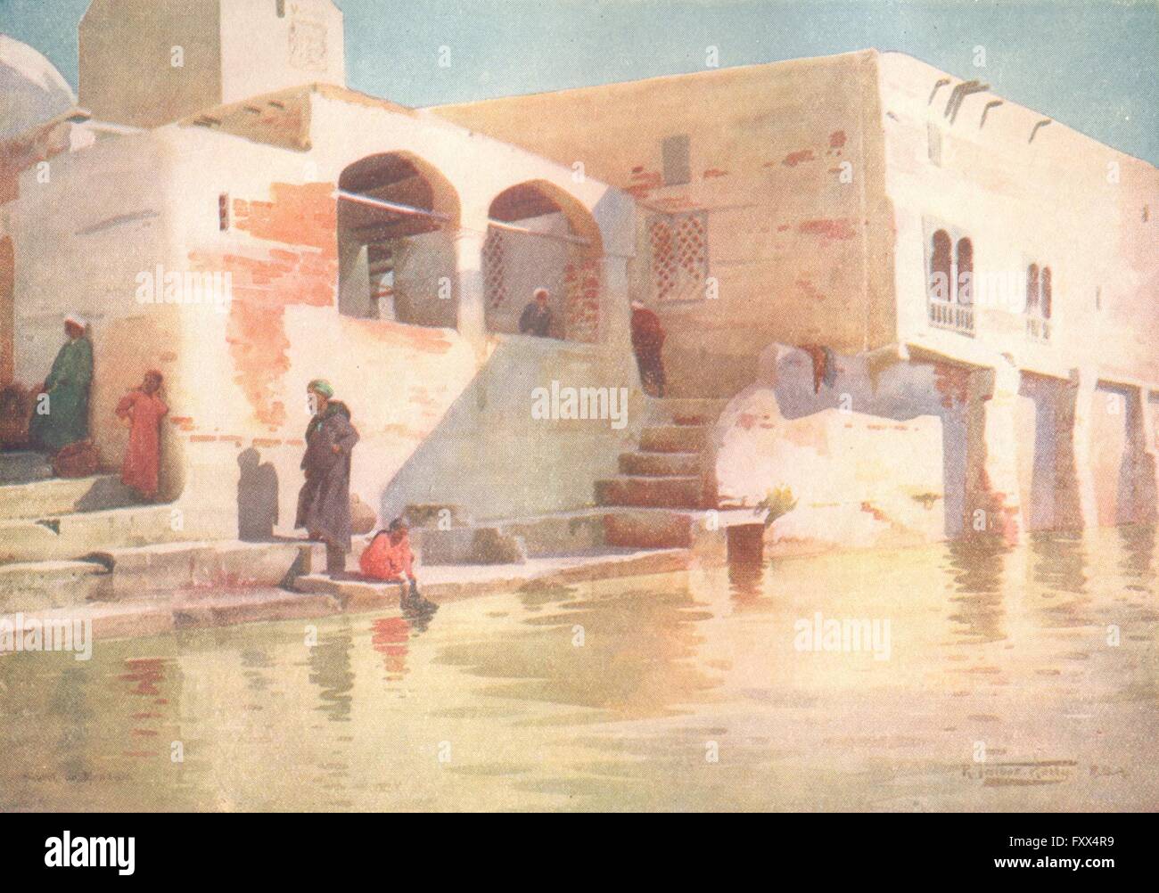 Egypte : une mosquée à côté de l'eau, antique print 1912 Menzala Banque D'Images